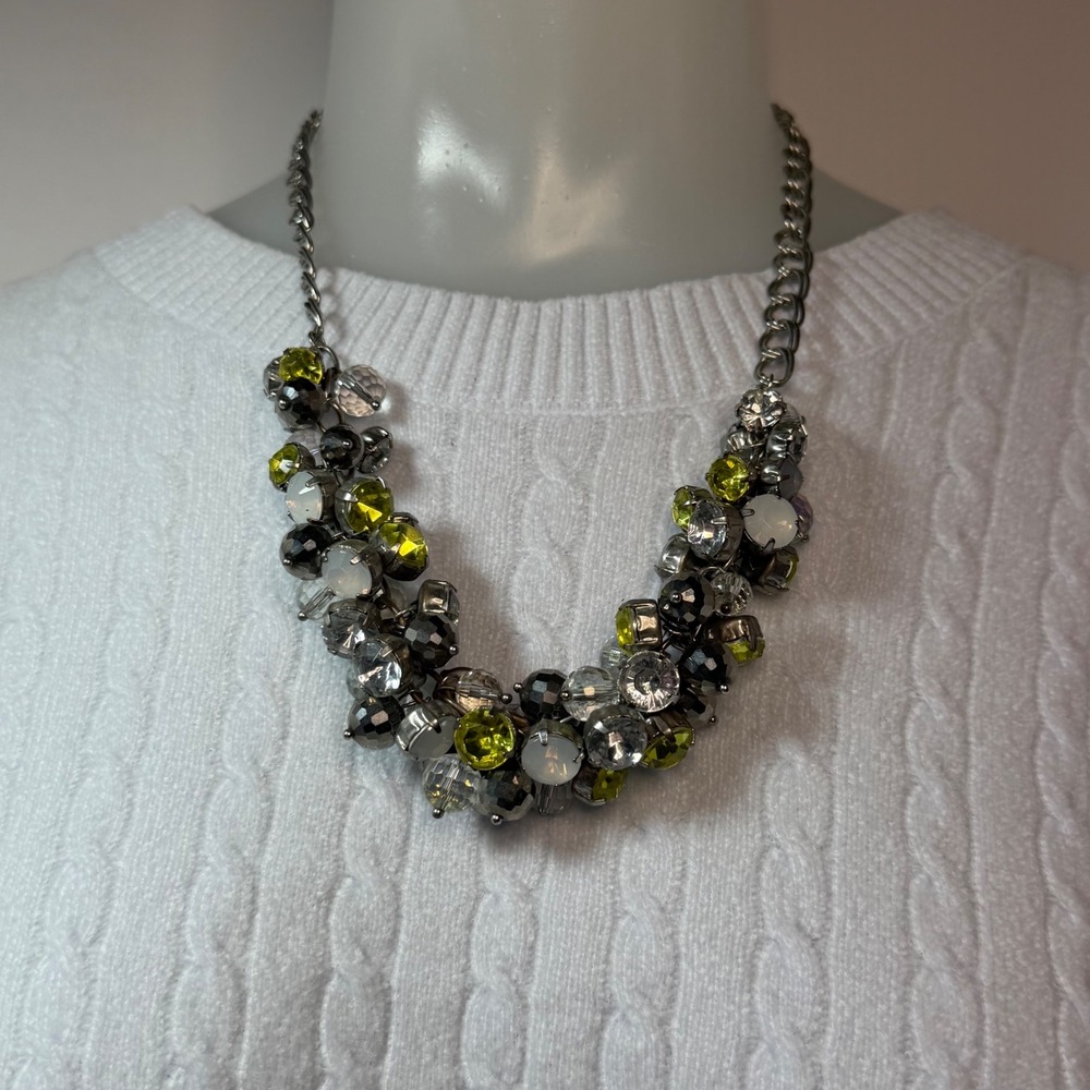 LOFT Chartreuse Green and Smoky Grey Crystal Cluster Bib Statement Necklace